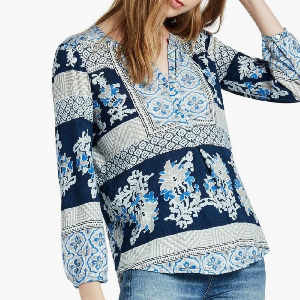 Lucky Brand blue printed boho top Bohemian colorblock top Geo blouse Casual top